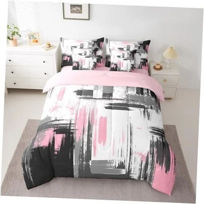  Juego de cama abstracto de 7 piezas cama de arte abstracto moderno en una cama Queen rosa y blanco Foto 1 de 4