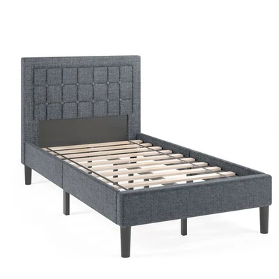 COSTWAY Upholstered Bed Frame Button Tufted Headboard Mattress Foundation Twin Size Grey