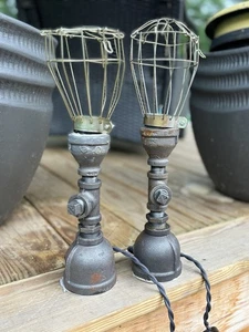 Vintage Pair Of Retro Industrial Iron Pipe Lamps -Desk -Table Light With Cage - Picture 1 of 12