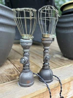 Vintage Pair Of Retro Industrial Iron Pipe Lamps -Desk -Table Light With Cage - Image 1 of 4