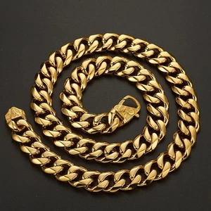 Heavy Gold 15mm Cut Curb Cuban Link Chain 316L Stainless Steel Mens Necklace 24" - Picture 1 of 5
