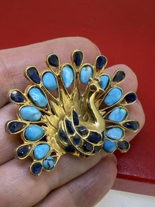 Vintage Swoboda Goldtone Metal and Genuine Turqouise Gemstone Peacock Pin - Picture 1 of 7