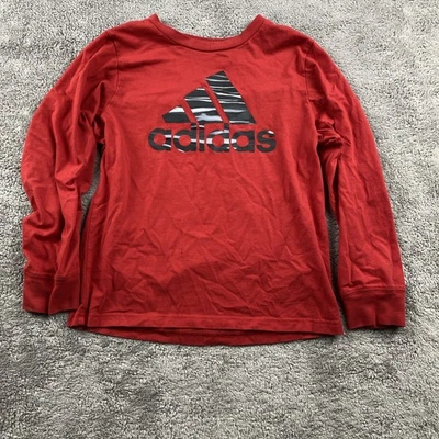Adidas Long Sleeve T-Shirt Youth Boys Small Red Gray Striped Logo Regular Fit - Image 1 of 4
