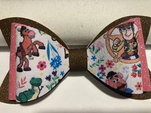 TOY STORY 3 LAYER HAIR BOW. BROWN, PINK, AND WHITE. 4.5" X 2.5", HOMEMADE - Picture 1 of 4