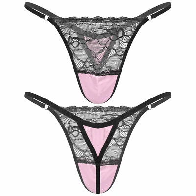 Herren Sissy G-String Panties Satin Blume Spitzen Transparent Tanga Thong Slip - Bild 1 von 2