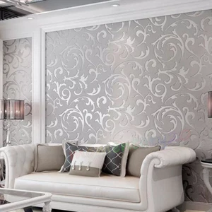 3D Glitter Silver-Grey Damask Wallpaper Roll Metallic Textured Wall Paper Decor· - Picture 1 of 13