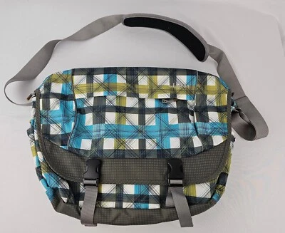 二手状况完好 LL Bean 邮差包 便携式电脑包 绿松石 绿色格子 尼龙 分色 — 第 1/4 张图片
