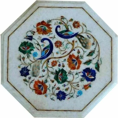 18" Octagon White Marble Console Table Peacock Design Precious Stone Furniture - Image 1 of 4