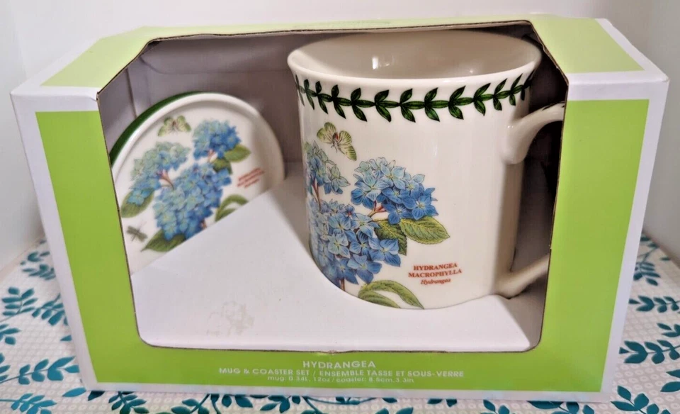 Portmeirion Botanic Garden Mug 12 Oz and Coaster Set Blue Hydrangea