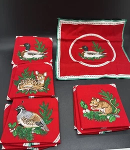 Vintage Linen Cocktail Napkins Christmas Forest Animals Set Of 12 - Picture 1 of 4