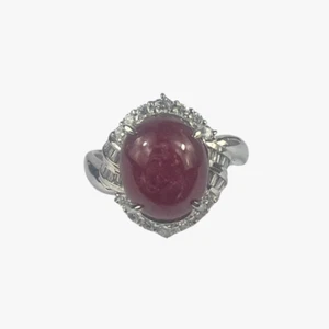 Platinum 900 Cabochon Star Halo Ring Natural Ruby & Diamonds size R - Picture 1 of 6