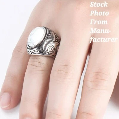 Moda Retro Anillo de Plata Para Hombre Acero Inoxidable Ovalado Blanco Piedra Patrón Talla 9 Foto 1 de 4