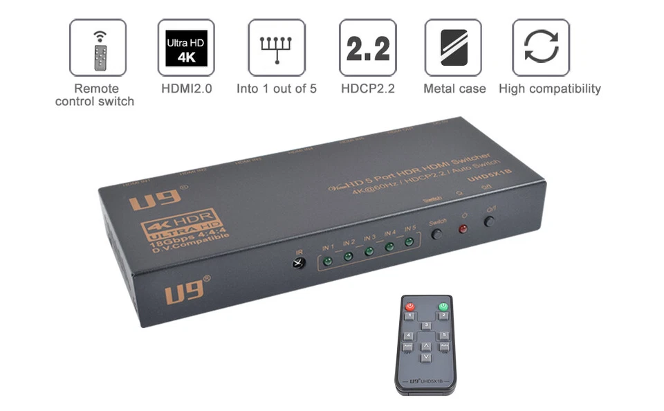 U9 ViewHD 4K60Hz 5 Port HDMI v2.0 4K 5x1 Switch 18Gbps HDR Dolby Vision UHD5X1B - Image 1 of 4
