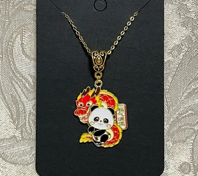 Panda Bear Good Luck Blessings Charm Cartoon Adorable Pendant Gold Necklace 18” - Image 1 of 2