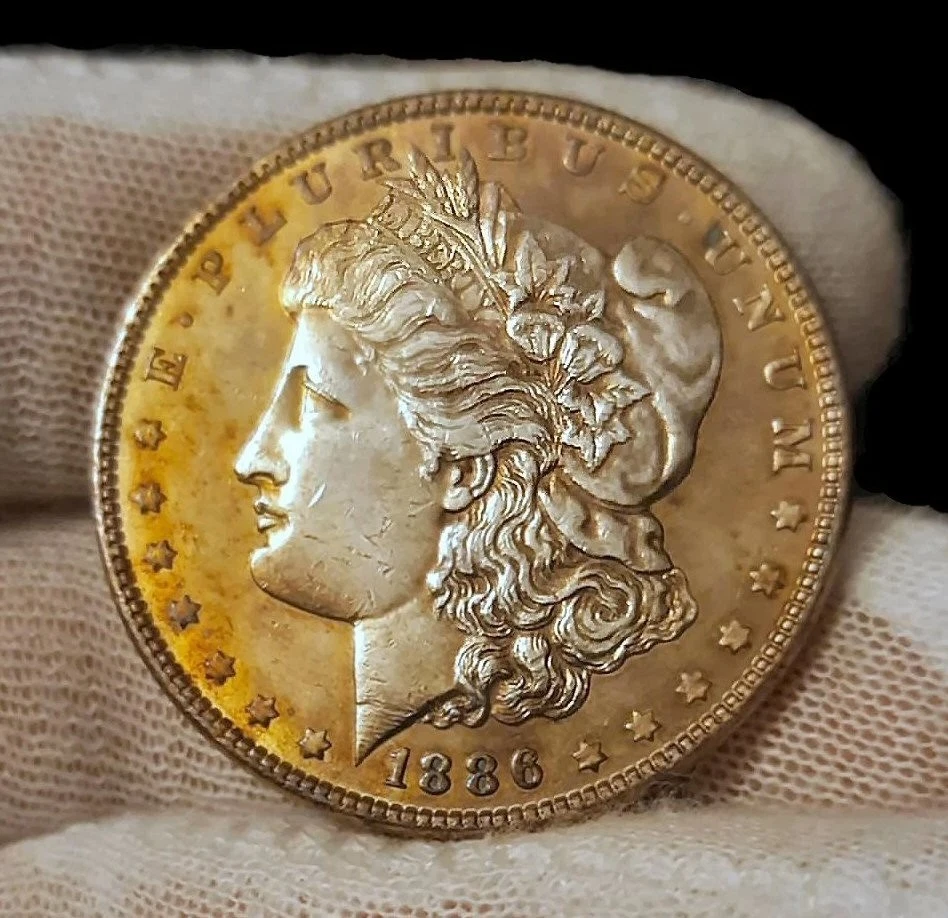 Dólar de plata Morgan 1886 tono ámbar anverso tono ligero reverso detalle fuerte Foto 1 de 2