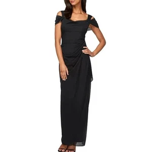 Alex Evenings schwarz Chiffon Cold Shoulder Wasserfall drapiert formell Maxikleid Kleid 6 - Bild 1 von 21