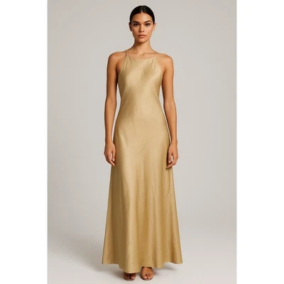 Maxi Vestido Hampton Nites Vintage Años 90 Y2k Satinado Sin Mangas Dorado Correa Espagueti Formal Foto 1 de 4