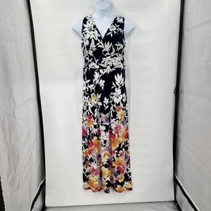 Chaps Maxi Dress Womens 14W Navy Floral Sleeveless Faux Wrap V Neck Summer - Picture 1 of 8