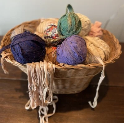 Vtg Rag Balls Rolled Strips Rug Making Braiding  Oval Basket Primitive Country - Image 1 of 4