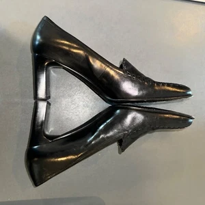 Antonio Melani Black Leather Pumps Shoes Sz 8.5M Block Heel square toe slip on - Picture 1 of 7