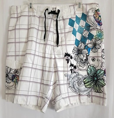 Joe Boxer Mens Plaid White Floral Hawaiian Graphic Board Shorts Swim Trunks Sz L - Image 1 of 4