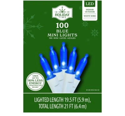 New 100 count Blue Christmas LED Lights White Wire 21 FT Long Holiday Time - Image 1 of 4
