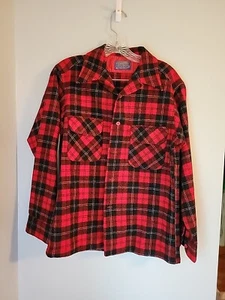 VTG Pendleton 100% Pure Virgin Wool Plaid Double Pockets Flannel Shirt SZ M Red - Picture 1 of 6