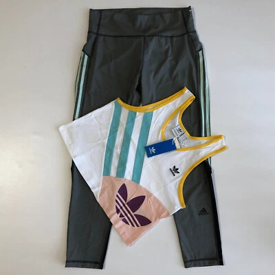 Adidas Women’s Colorful Trefoil Cropped L Top/gray Leggins Pants Set Sport Sz XL - Image 1 of 4