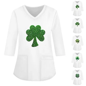 Fashionable V-neck Women's 3/4 Sleeved Work Clothes Pocket Printed Loose Tops - Picture 1 of 30