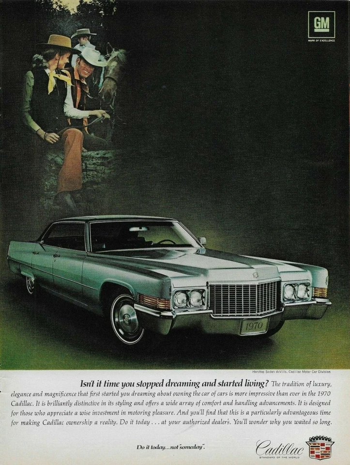 Cadillac 1970 sedán de techo rígido vaquero vaquera caballo 4 puertas plateado anuncio impreso vintage Foto 1 de 1