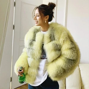 Women 100% Real Fox Fur Coat Winter Trendy Yellow Fluffy Warm Whole Skin Jackets - Picture 1 of 6
