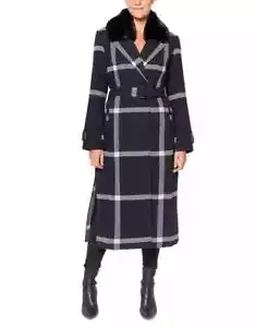 Vince Camuto V3404 Womens Navy/Grey Faux Fur Collar Plaid Maxi Wrap Coat Size S - Picture 1 of 3