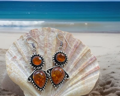 Brincos de cristal citrino âmbar e laranja do Báltico - Banhado a prata 925 -Novo - Imagem 1 de 2