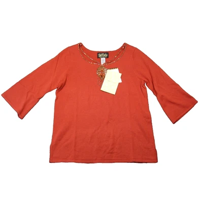 Camisa Bob Mackie M Naranja Tejida Manga 3/4 Escote Adornado Usable Arte NUEVA Foto 1 de 4