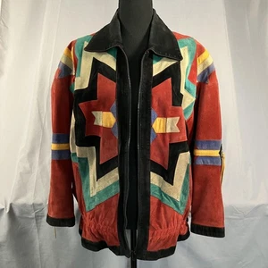 Scully Suede Leather Jacket Womens 8 Red Multicolor Western Aztec Zip Geometric - Picture 1 of 23