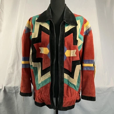 Scully Suede Leather Jacket Womens 8 Red Multicolor Western Aztec Zip Geometric - Image 1 of 4