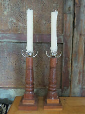 Old Farmhouse Primitive Mid Century Modern Wood Treenware Candle Holders Set 2