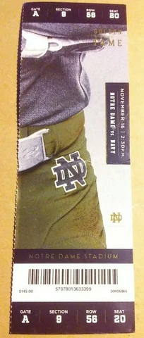 2019 Notre Dame Fighting Irish vs Navy Football Ticket Stub creased Cover