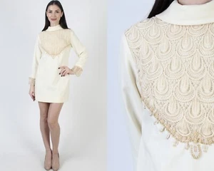 Vintage 60s Cream Mod Dress Crochet Beaded Plain GoGo Scooter Micro Mini - Picture 1 of 7