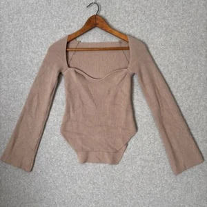 Blusa Top Para Mujer Manga Larga Tejido Suéter Dobladillo Irregular Beige Pequeña Sin Marca - Imagen 1 de 9