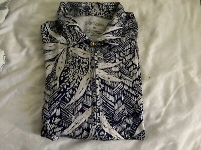 San Soleil Shirt Women's MEDIUM Blue  Tan Floral Print 1/4 Zip Pullover UPF 50 - Image 1 of 4