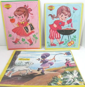 3 Vtg Puzzles Girls Mary Had a Little Lamb Vtg Frame Tray 2 Furry Inlaid Lot L - Picture 1 of 10