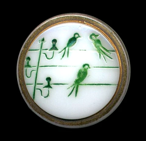 Birds On A Wire with Gold Rim Vintage Glass Button Le Chic Back Mark 3/4" Cover