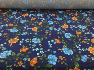 Double Brushed DTY Floral Spandex Stretch Bekleidungsstoff Navy Blau Orange L513 - Bild 1 von 1