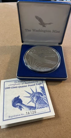1999 Giant Platinum Layered Quarter Pound .999 Fine Silver Eagle 4oz Cover