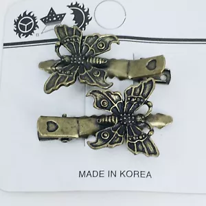 Butterfly Hair Clip Vintage Barrette PAIR Antiqued Gold Tone Alligator Claw - Picture 1 of 7