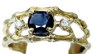 Ring 14 Karat Gelbgold Bambus Stil, ovaler Saphir und Diamant - Bild 1 von 5