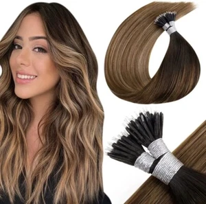 LaaVoo Nano Beads Ring Hair Extensions Balayage Dark Brown Real Human Hair 20in - Picture 1 of 9