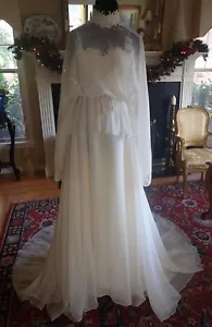 70s 80s Ivory Chiffon Victorian Peplum Wedding Gown Venetian Lace Train XS Tall - Picture 1 of 9