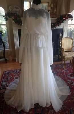 70s 80s Ivory Chiffon Victorian Peplum Wedding Gown Venetian Lace Train XS Tall - Image 1 of 4
